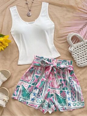 White Ribbed Tank with Pink & Teal Printed Shorts